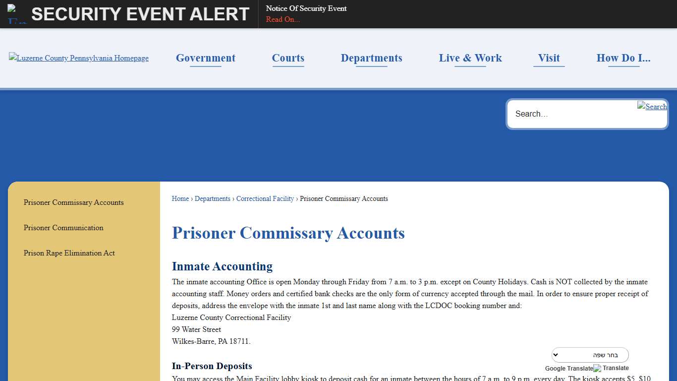 Prisoner Commissary Accounts | Luzerne County, PA