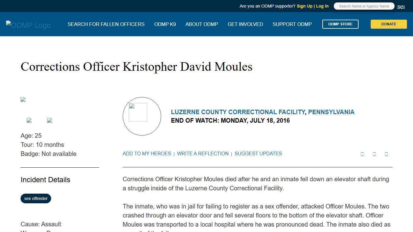 Corrections Officer Kristopher David Moules, Luzerne County Correctional Facility, Pennsylvania