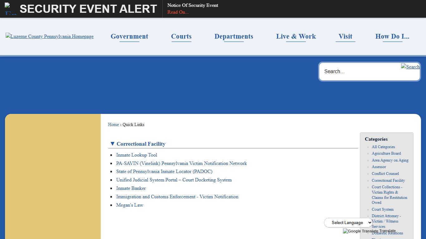 Quick Links • Correctional Facility